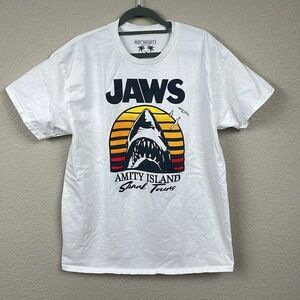 Riot Society Mens White Jaws Island Cotton Graphic Tee T Shirt Shark Sz L
